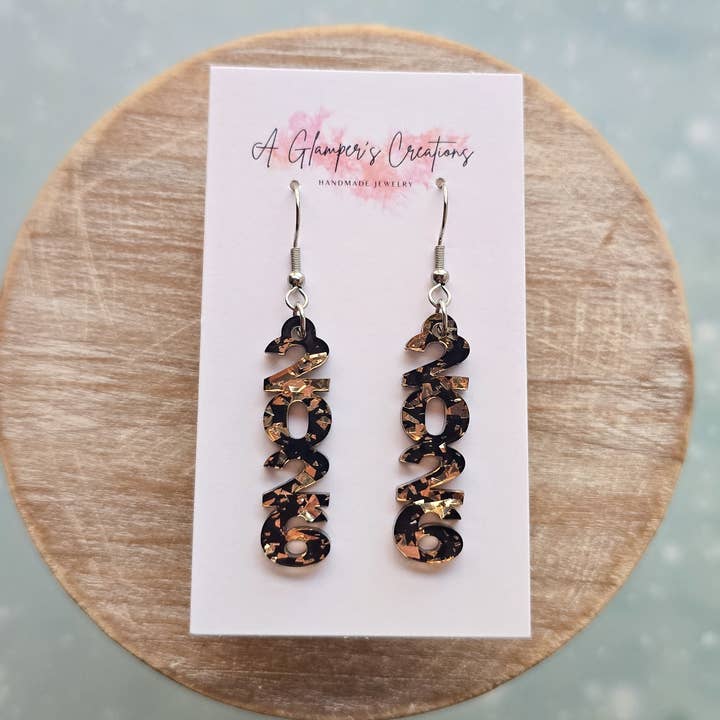 Orecchini di Capodanno 2026 in Acrilico Nero e Oro per la vendita all'ingrosso da parte di A Glamper's Creations LLC