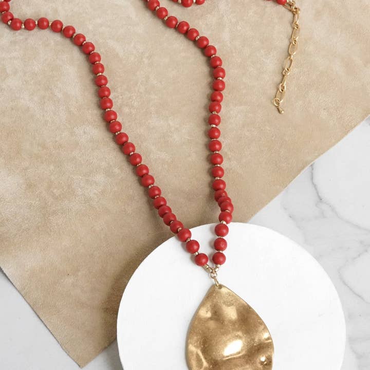 Long Wooden Bead Necklace with gold teardrop - red for wholesale by PennyLine inc