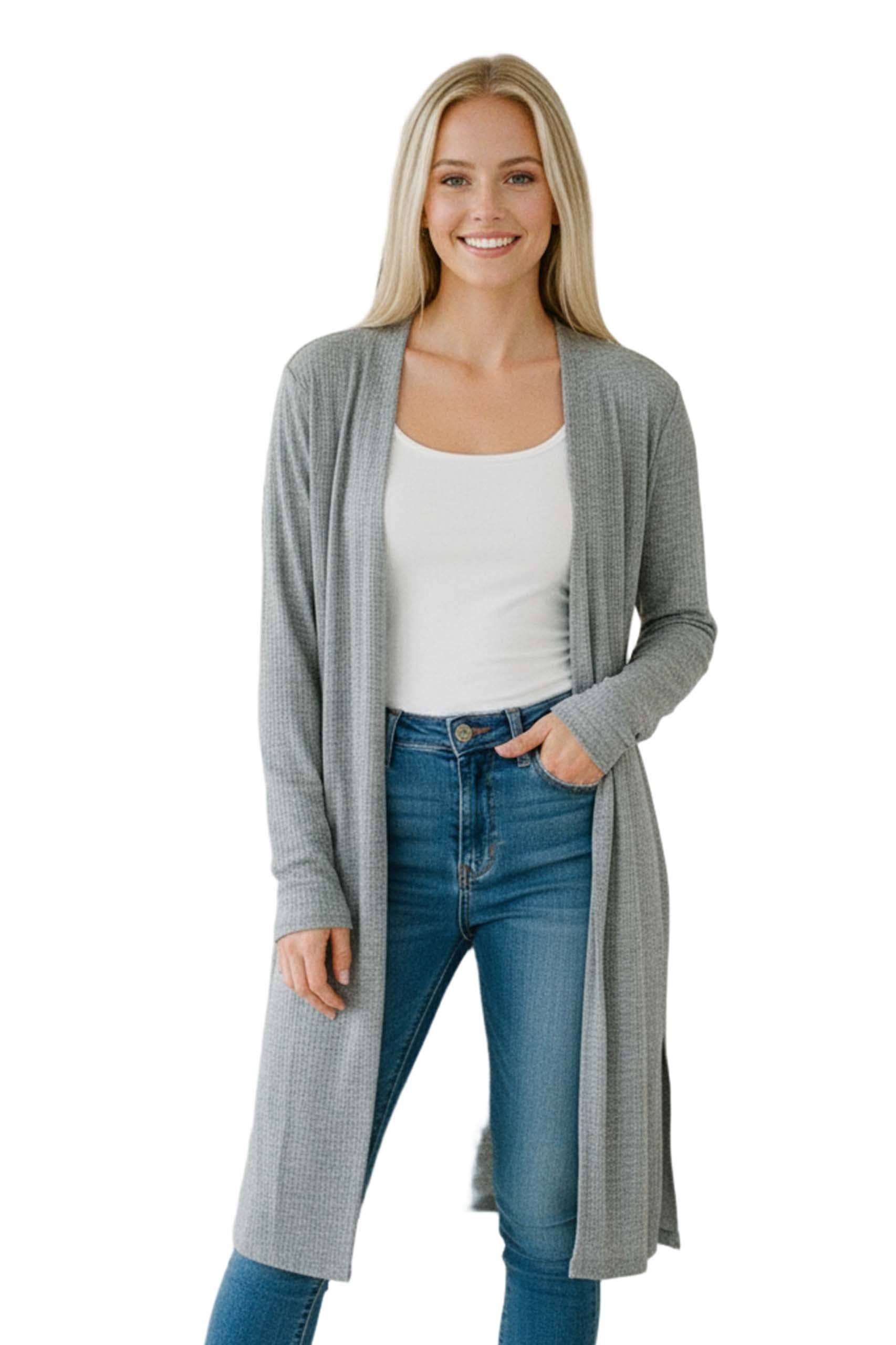 Good Stuff Apparel - Wholesale Cardigan - Women's - Women’s Long Sleeve Open Front Side Slit Ribbed Duster Cardigan0