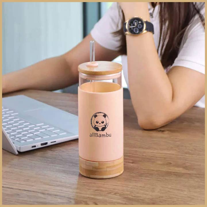 allBambu Inc - Wholesale Drinking Glass/Cup - Glass Tumbler, Glass Coffee Cup with Bamboo Lid & Straw 20oz7