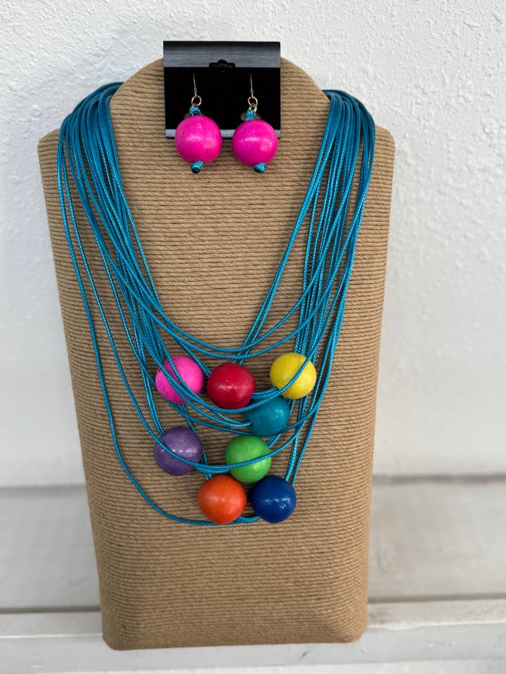 16 STRANDS TURQUOISE WAX CORD WITH MULTI COLOR WOOD BALLS NE for wholesale by International Duru's