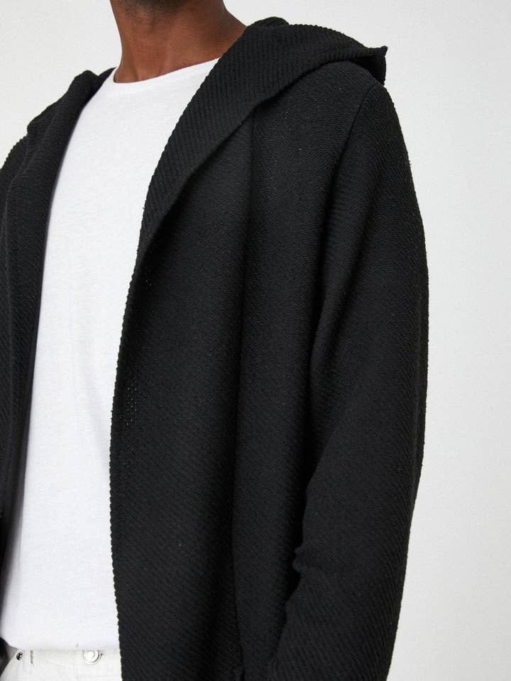 Longline Hooded Cardigan in Black for wholesale by Usolo Outfitters
