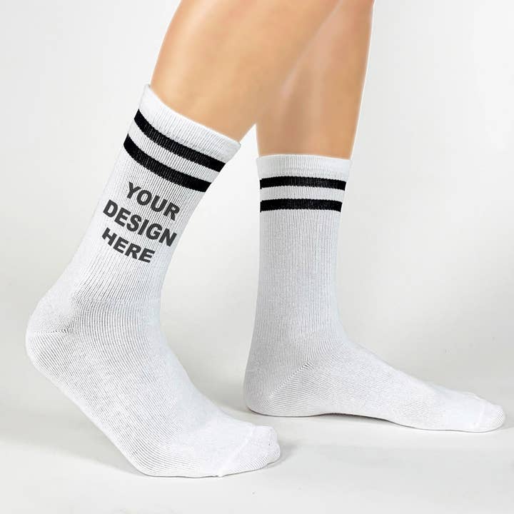 Sockprints - Wholesale Socks - Unisex - Custom Printed White Black/Stripe Ribbed Crew Socks0