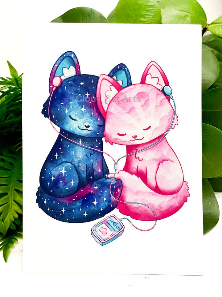 Kitty Tunes - Couple Music Cats - 5x7/8x10 Art Print - Handmade for wholesale by Cloud Cat Arts