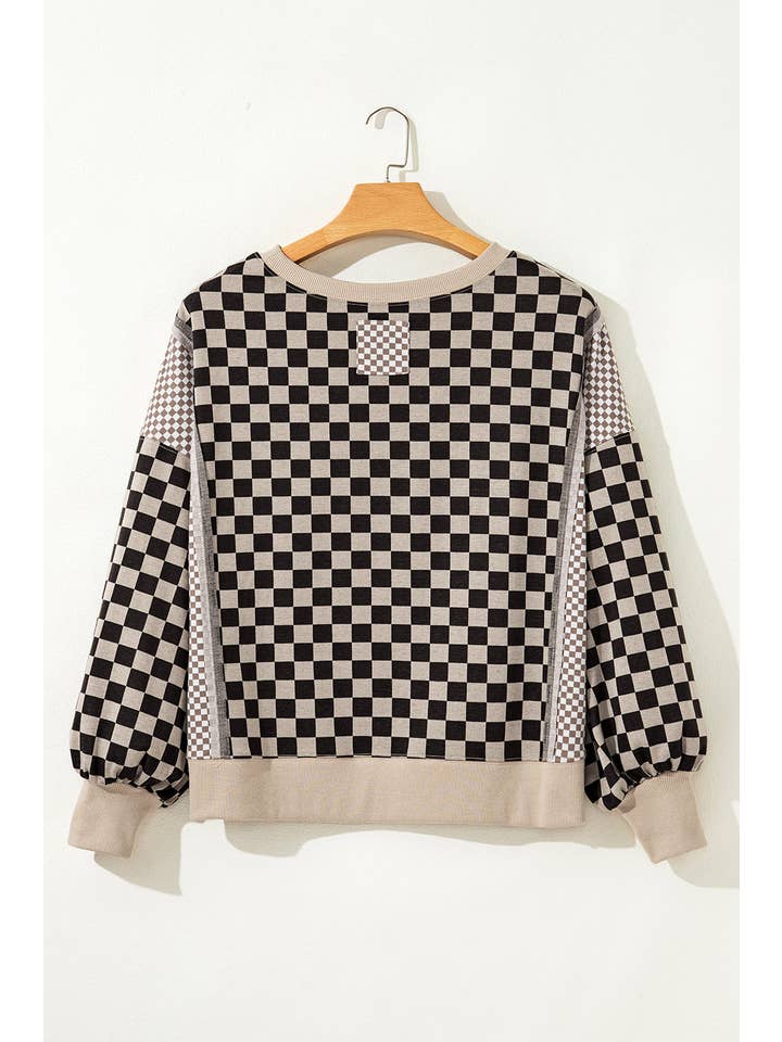 Khaki Checker Patchwork Long Sleeve Top for wholesale on Faire2