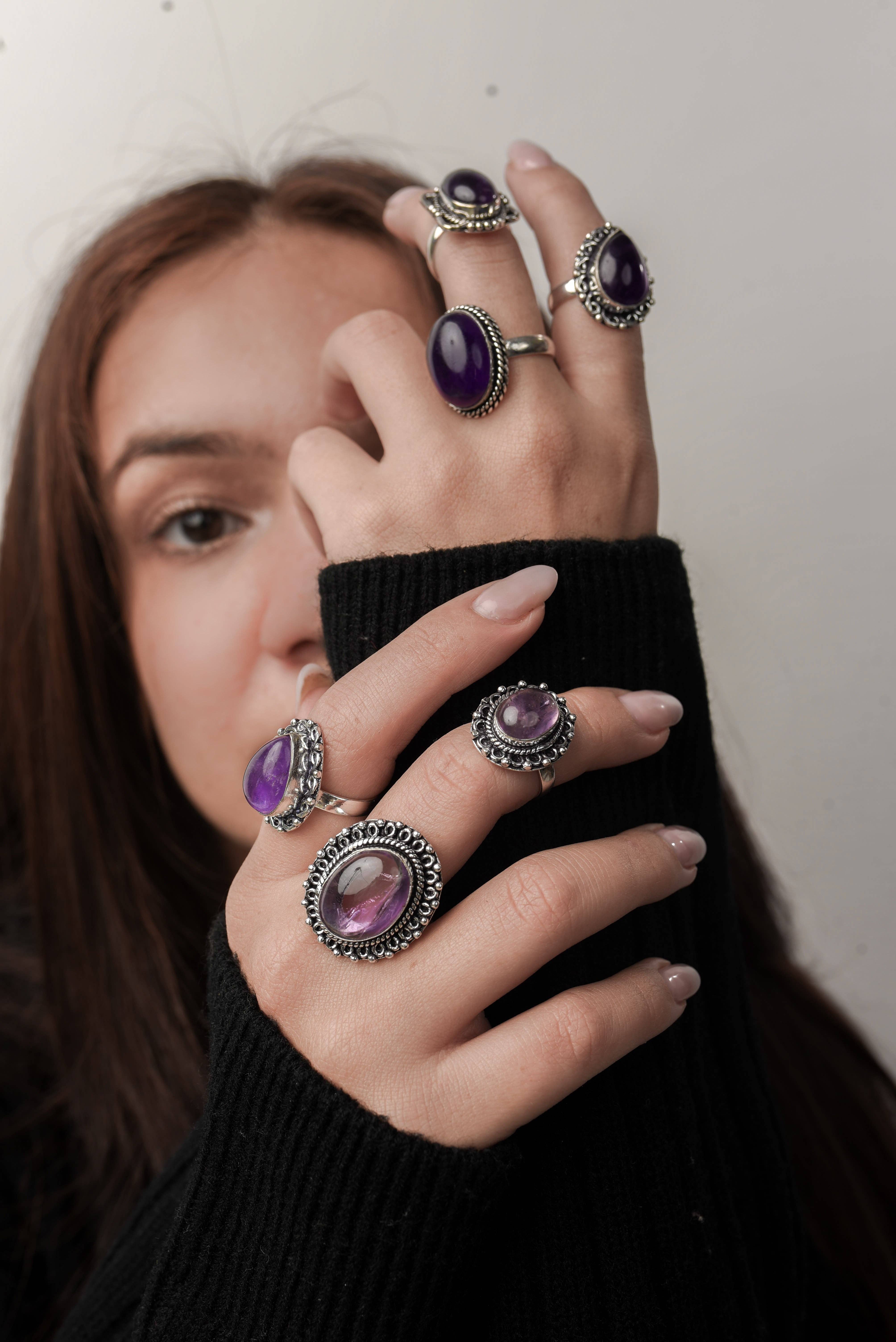 Handmade Jewels - Wholesale Cocktail/Statement Ring - Amethyst Rings for Women – Silver-Plated, Handmade, Deep Purple (US Sizes 6–10, Non-Adjustable)6