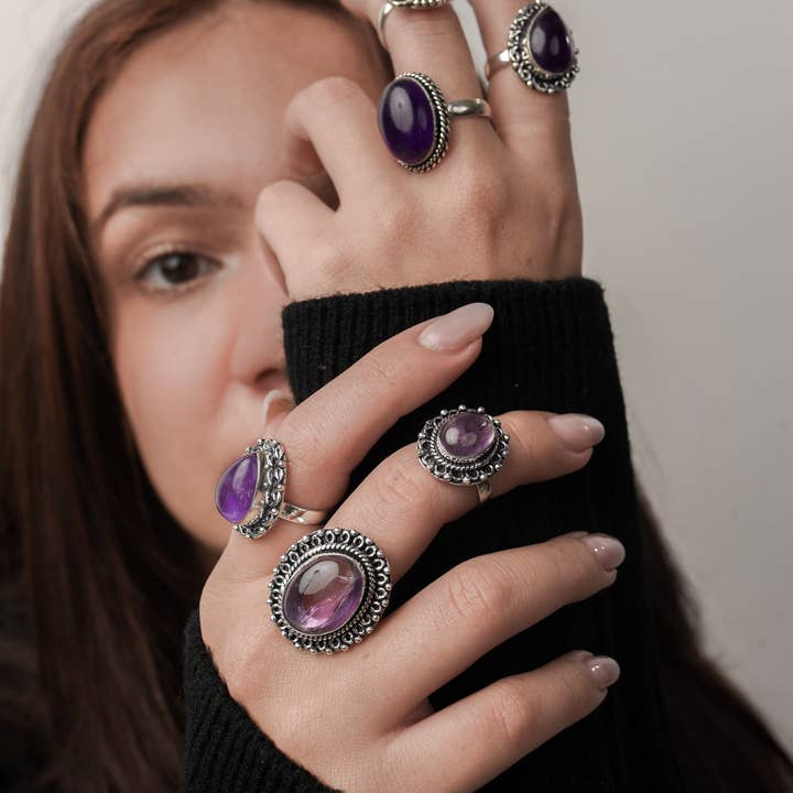 Handmade Jewels - Wholesale Cocktail/Statement Ring - Amethyst Rings for Women – Silver-Plated, Handmade, Deep Purple (US Sizes 6–10, Non-Adjustable)6