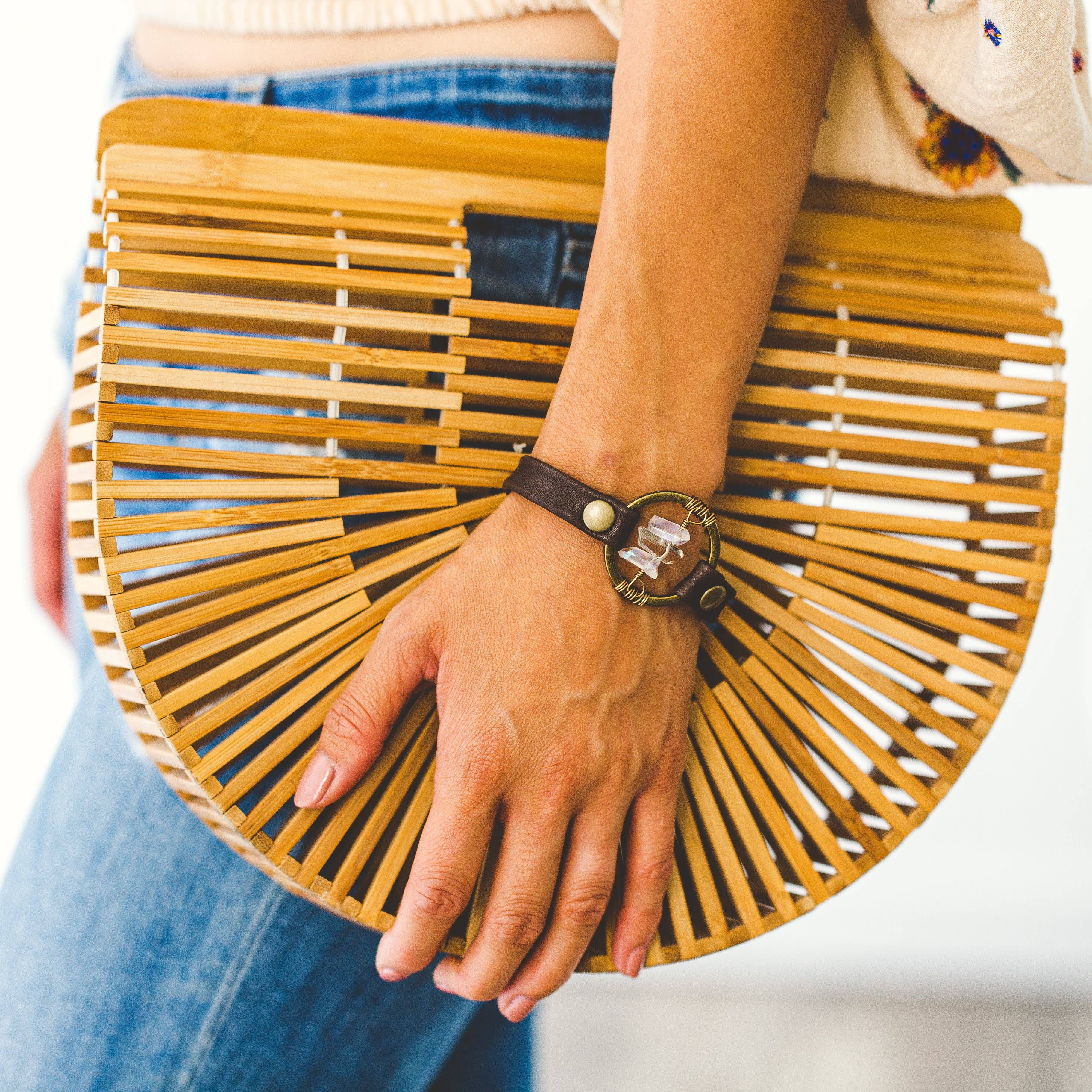 Giving Bracelets - Wholesale Bangle Bracelet - Be the Light Leather Bracelet-Antique Brass-Quartz Crystal3