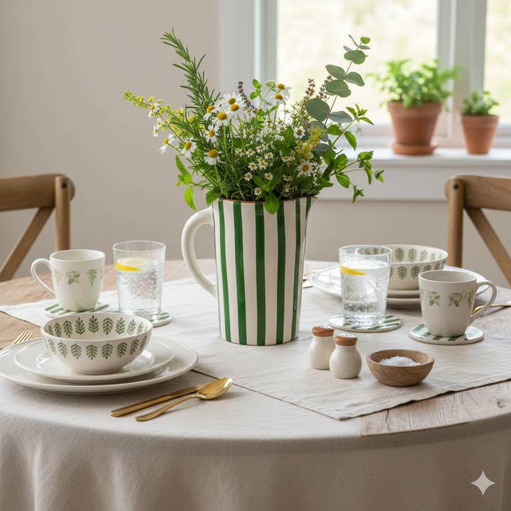 High crafty - Wholesale Carafe - Handmade White Ceramic Carafe with Green Stripes – Gift7