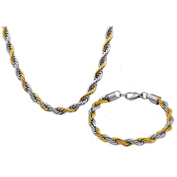 Mænds to Tone guld belagte rustfrit stål reb Link kæde sæt for engroshandel hos Blackjack Mens Jewelry