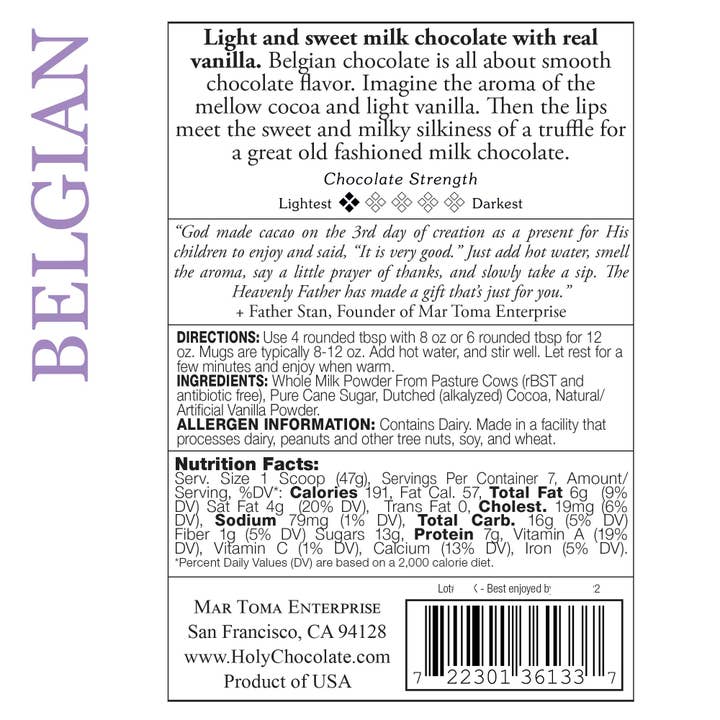 Holy Chocolate - Wholesale Hot Cocoa Mix/Kit - Belgian Milk - 12 OZ Instant Hot Chocolate Bag1