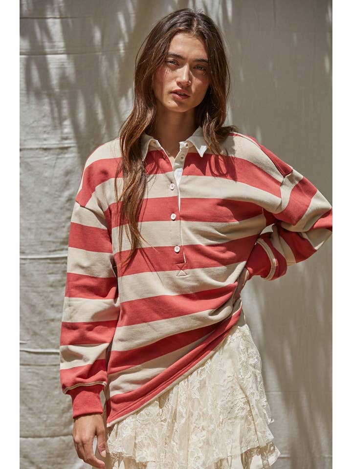 By Together - Wholesale Sweatshirt - Women's - L8802 | Knit Cotton Striped French Terry Collar Neck Top