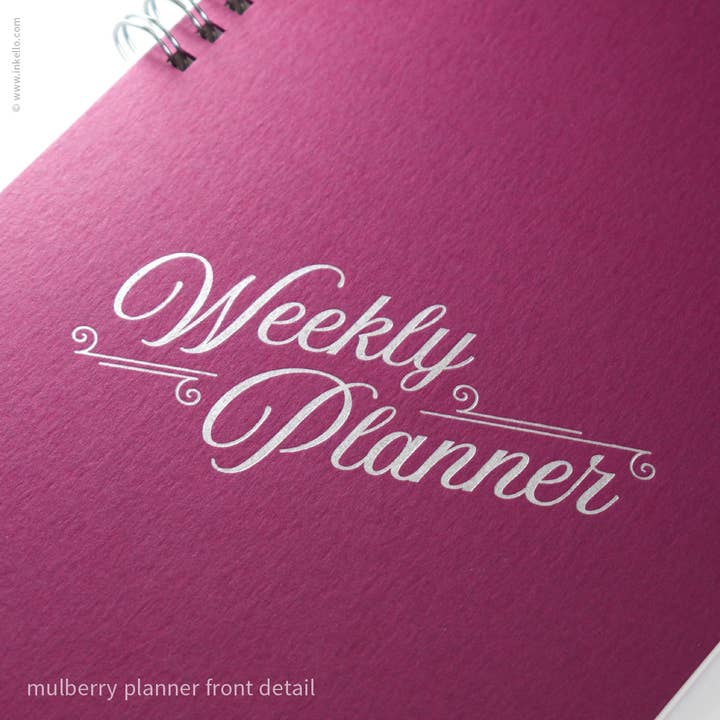 Inkello Letterpress - Wholesale Planner - Weekly Planner with Mulberry Cover and Silver Script Design