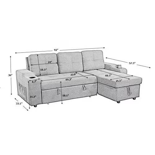 39F Inc. - Wholesale Sofa - Convertible Sectional Sofa with Storage & Cup Holders