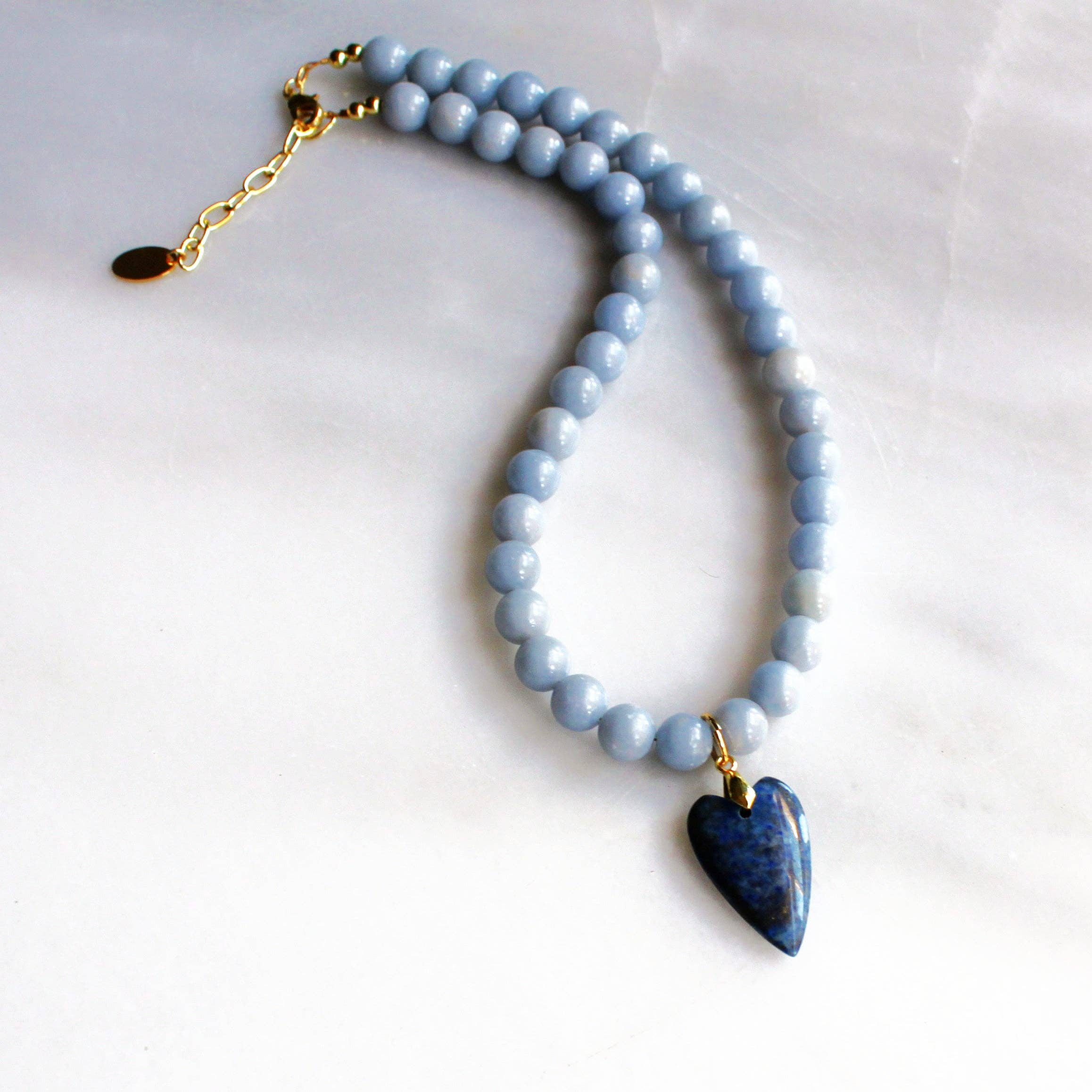 The Silver Wren – wholesale Beaded/pearl necklace – Denim Heart Beaded Necklace - Handmade Jewelry2