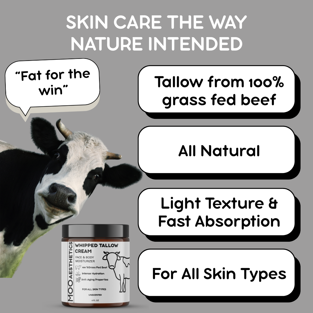 Moo Aesthetics - Wholesale Facial Moisturizer - Whipped Tallow Cream, 100% Grass Fed Tallow Skincare, 4oz4