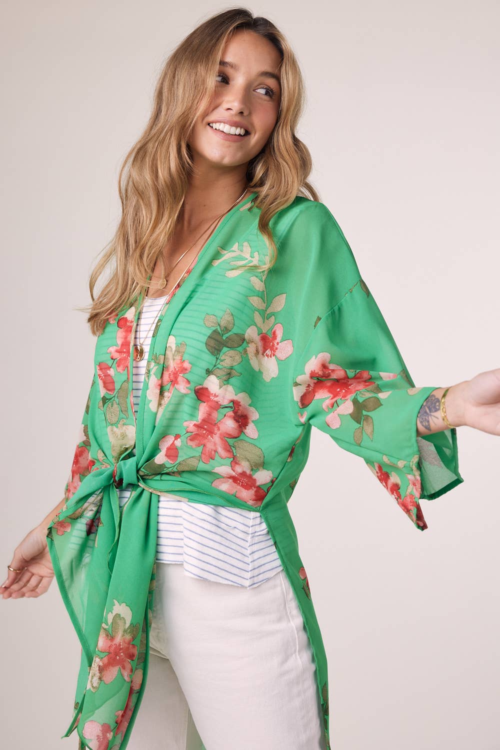 APPLE GREEN FLORAL CHIFFON KIMONO for wholesale on Faire2