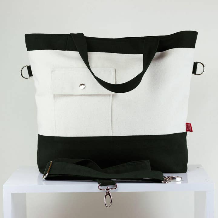 Grand sac fourre-tout en toile entièrement doublé à bandoulière bicolore pour la vente par hippirhino