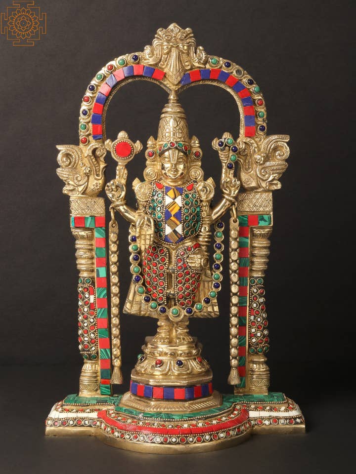 Lord Venkateswara de 14 po avec arche | Laiton avec incrustations pour la vente par Exotic India Art