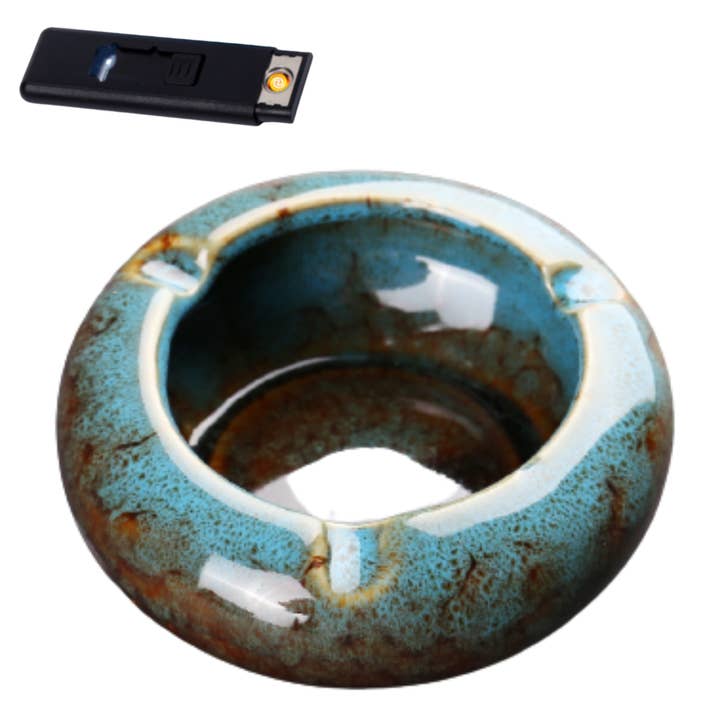 Round Glossy Ceramic Ashtrays + Flameless Lighter (BLUISH) for wholesale by A&A Wonders
