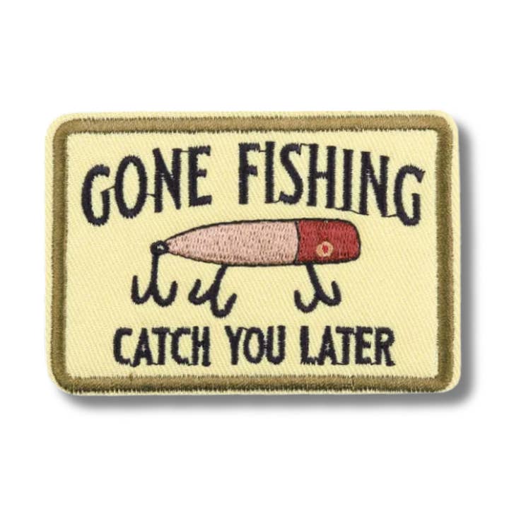 Gone Fishing Embroidered Iron On Patch for wholesale by Love, Paige Designs