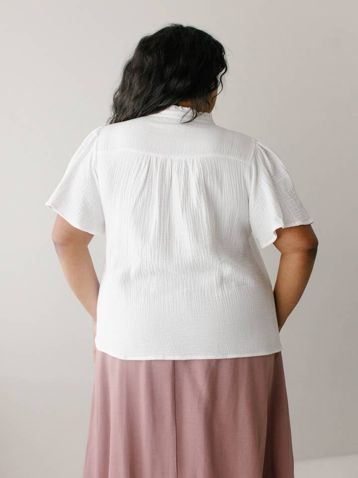 White 'Deborah' Cotton Gauze Ruffle Trim Blouse FINAL SALE for wholesale on Faire5