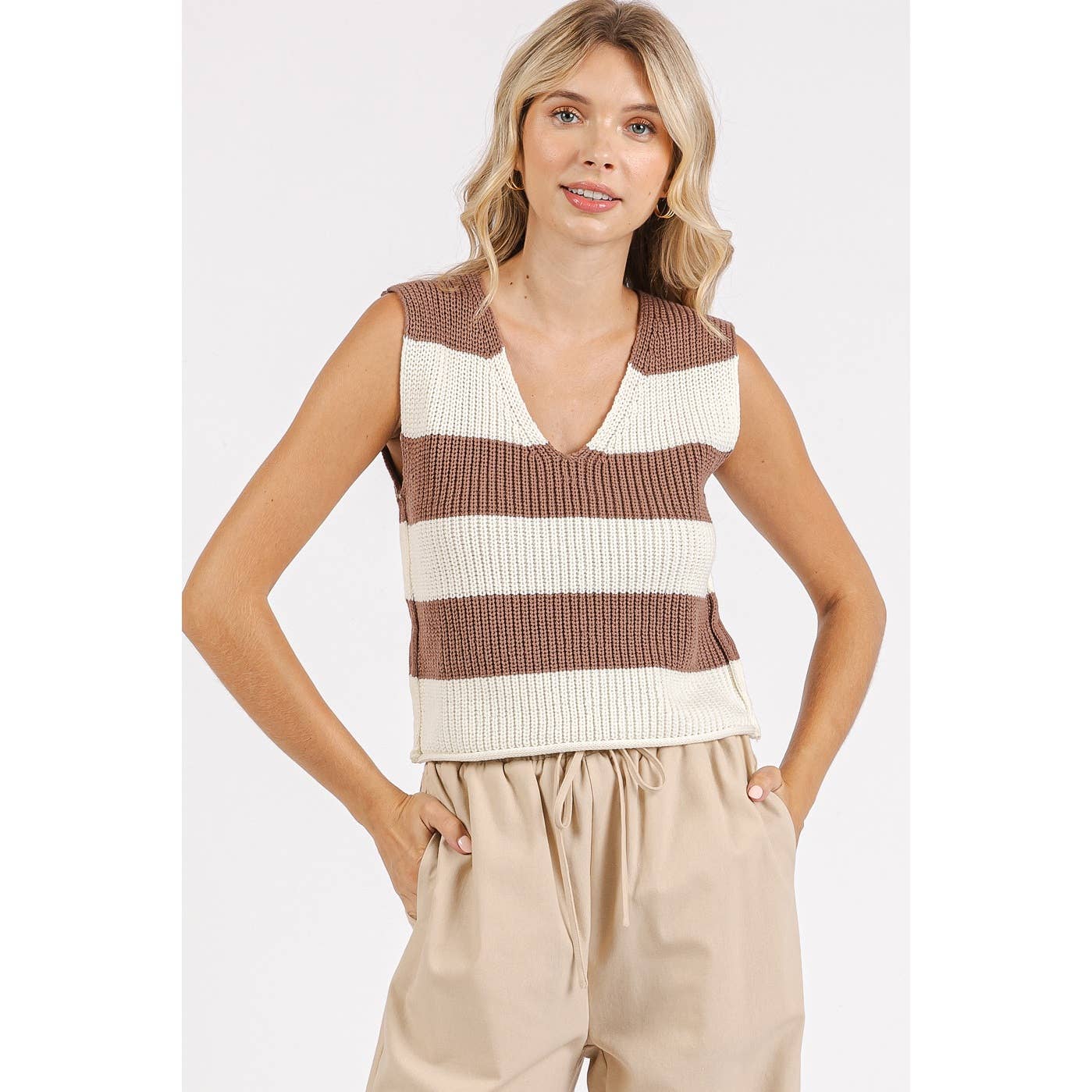mittoshop - Wholesale Sweater Vest - Women's - STRIPED V-NECK CROPPED SWEATER VEST TOP37