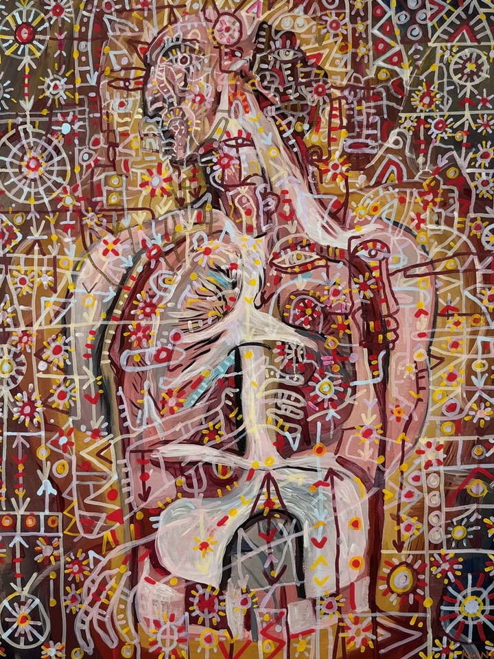 Respirez et supposez. Huile et marqueurs à huile sur bois. 16 « x 20". Oeuvre de John Kline. Peinture moderne expressionniste Kansas City pour la vente par John Kline Artwork