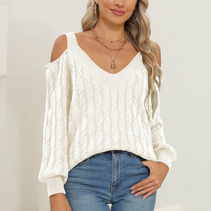 DEEP V SEXY OFF-THE-SHOULDER PULLOVER SWEATER for wholesale by Lily Clothing