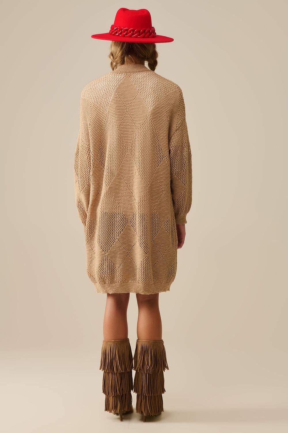 BEIGE Camel Draped Cardigan With Crochet Design for wholesale on Faire2