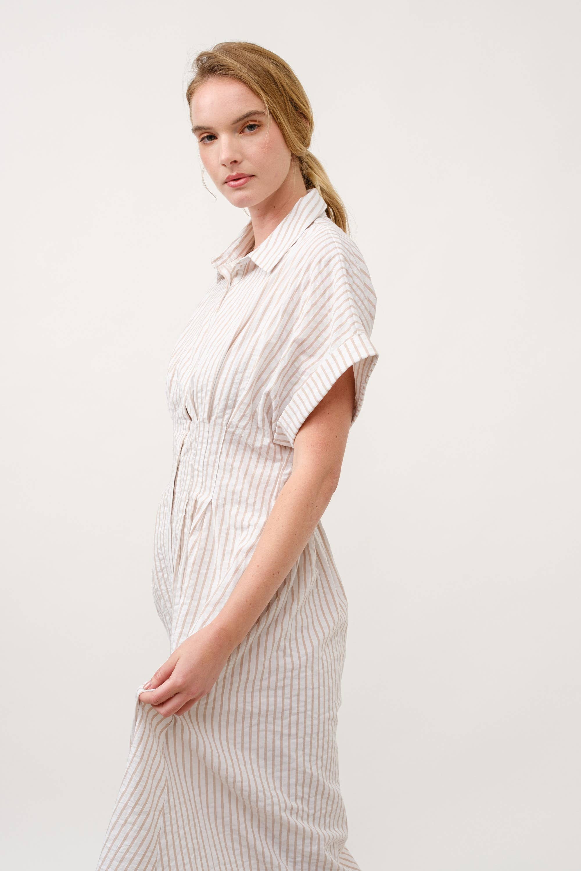 AIBLEE - Vendita all'ingrosso Vestito - Donna - Abito Midi a Righe con Colletto e Bottoni - TAPUE15