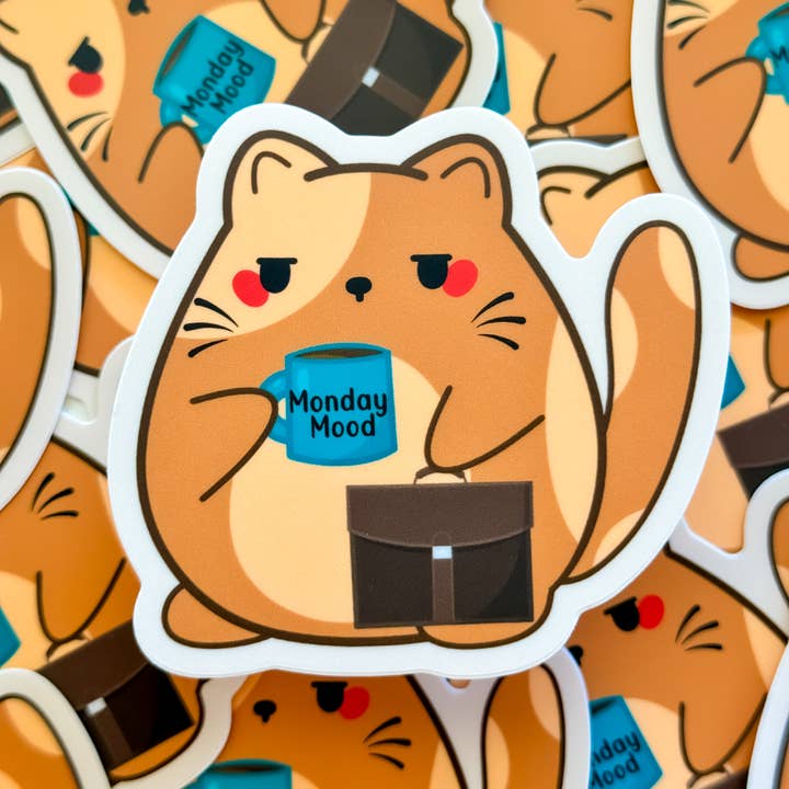 Funny Brown Kitty Cat Monday Mood Waterproof Vinyl Sticker for wholesale by Pochistudios
