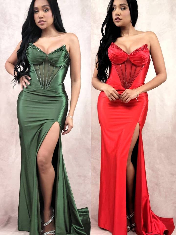 Robe Longue en Satin à Encolure Cœur Pointue avec Corset DM9686 pour la vente par Chicas