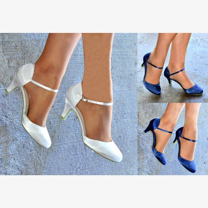 DAMES EFFEN SATIJNEN LAGE KITTEN HAK ENKELBAND BRUIDS TROUW SCHOENEN voor wholesale door ShoeBox Botique
