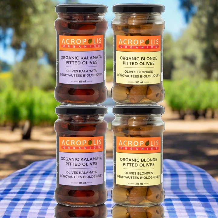 Organic Kalamata & Green Pitted Olives in Brine, 315 mL, 4 Jars for wholesale by Acropolis Organics