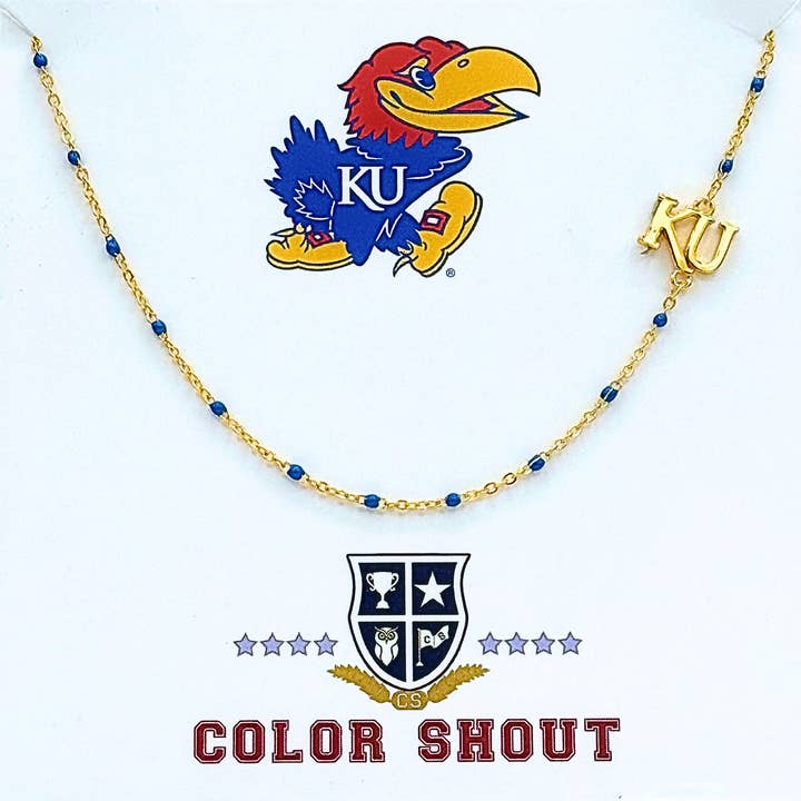 N201 KAN-Das Kansas University Logo Halskette: Seitlich gesetztes KU-Logo auf Halskette mit blauer Emaille-Perle für den Großhandel von Color Shout