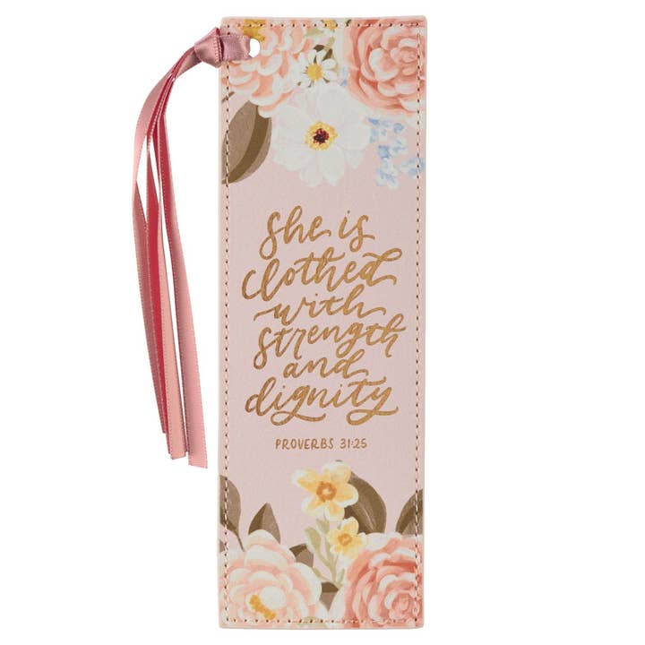 Christian Art Gifts - Wholesale Bookmark - Bookmark Faux Leather Pink Strength & Dignity Prov. 31:25