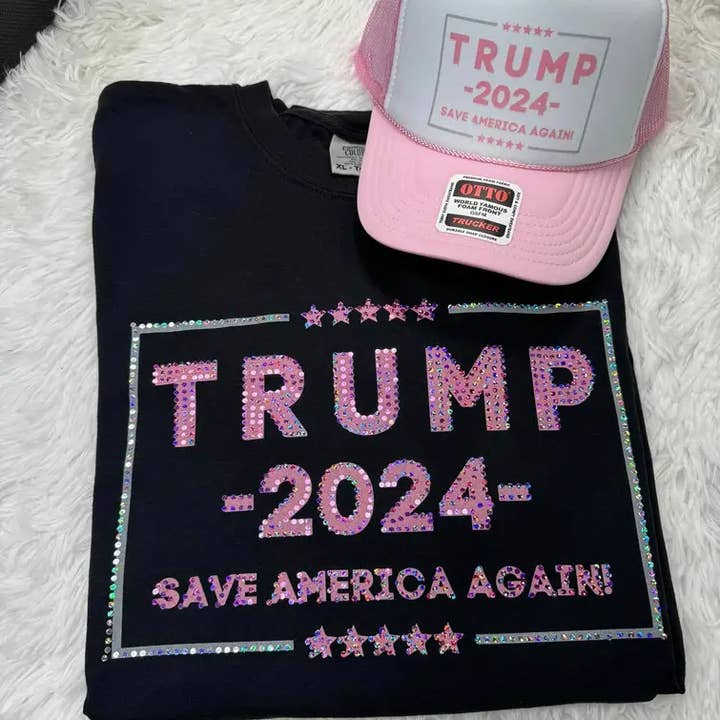 Trump 2024 Save America Again Spangle Tee for wholesale by The Dirty Cowgirl Apparel