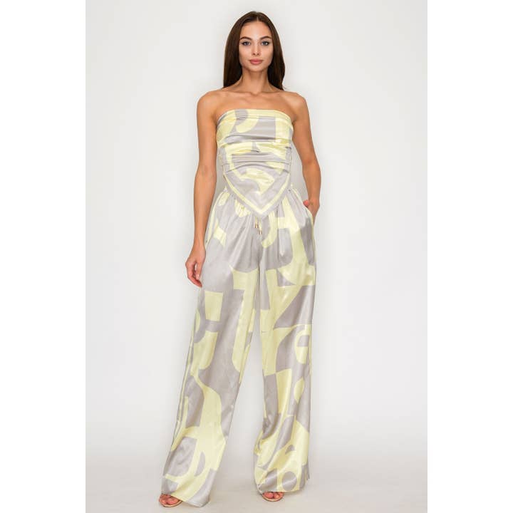 Strapless Satin Effect Scarf Top And Pants Set for wholesale by DORCAS