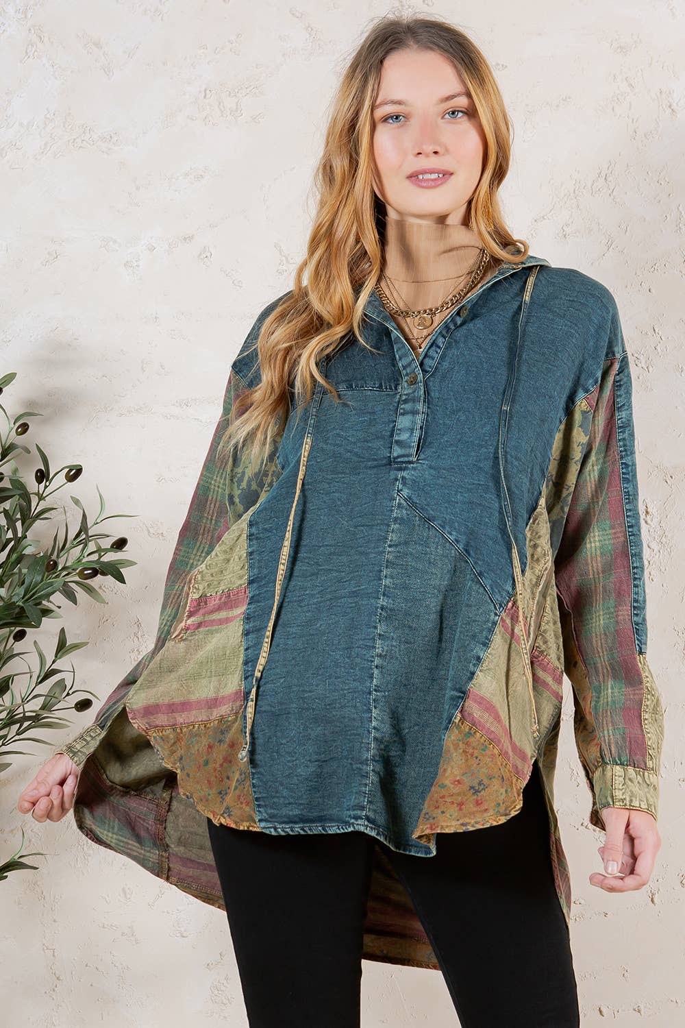 Young Threads - Wholesale Tunic - Women's - Western Boho Chic: Hooded High Low Patchwork Top4