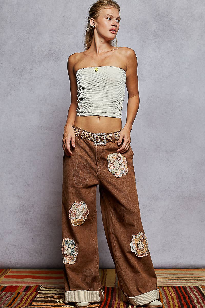 Pol Clothing - Wholesale Pants - Women's - Floral Patchwork Rolled-up Denim Straight Pants23