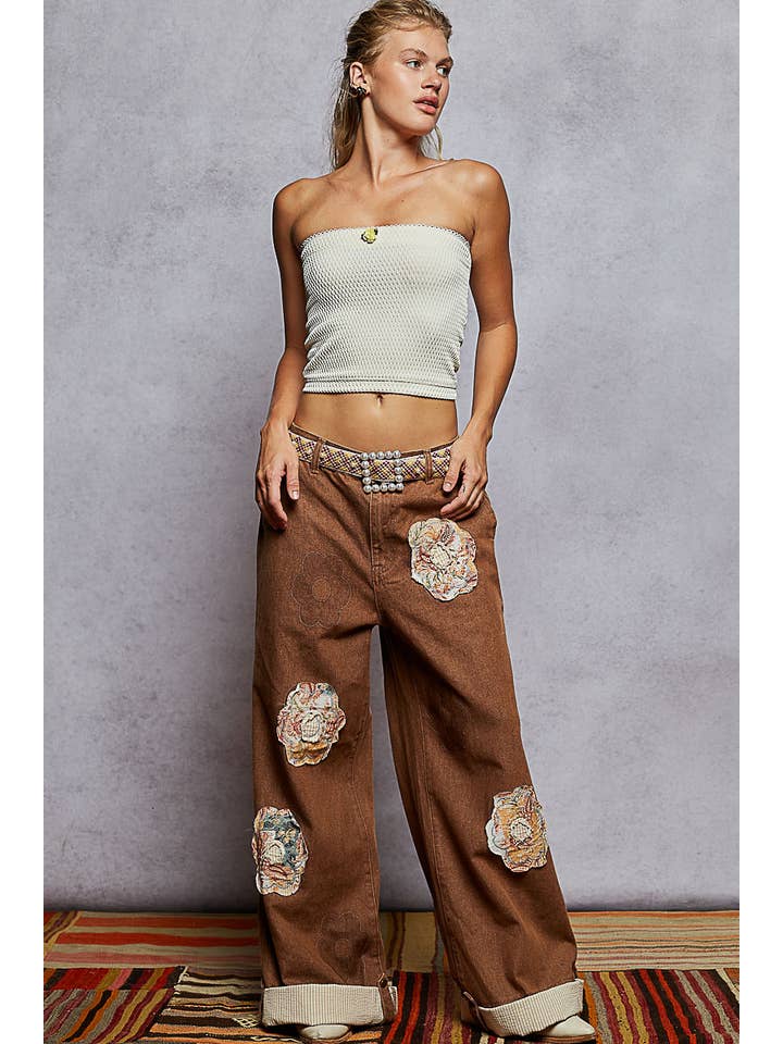 Pol Clothing - Wholesale Pants - Women's - Floral Patchwork Rolled-up Denim Straight Pants23