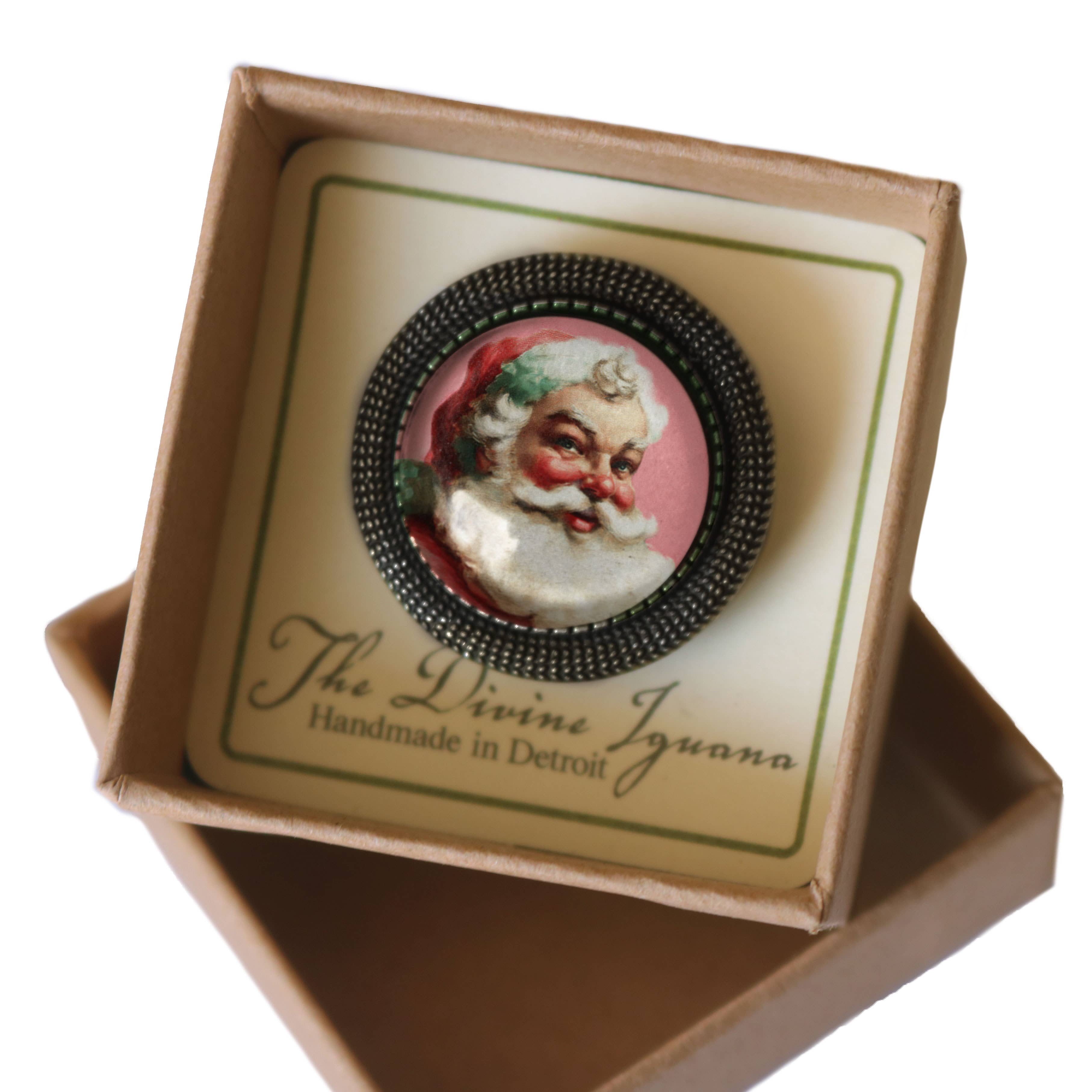 The Divine Iguana - Wholesale Brooch - Pink Christmas Santa ClausBronze and Glass Lever Back Brooch1