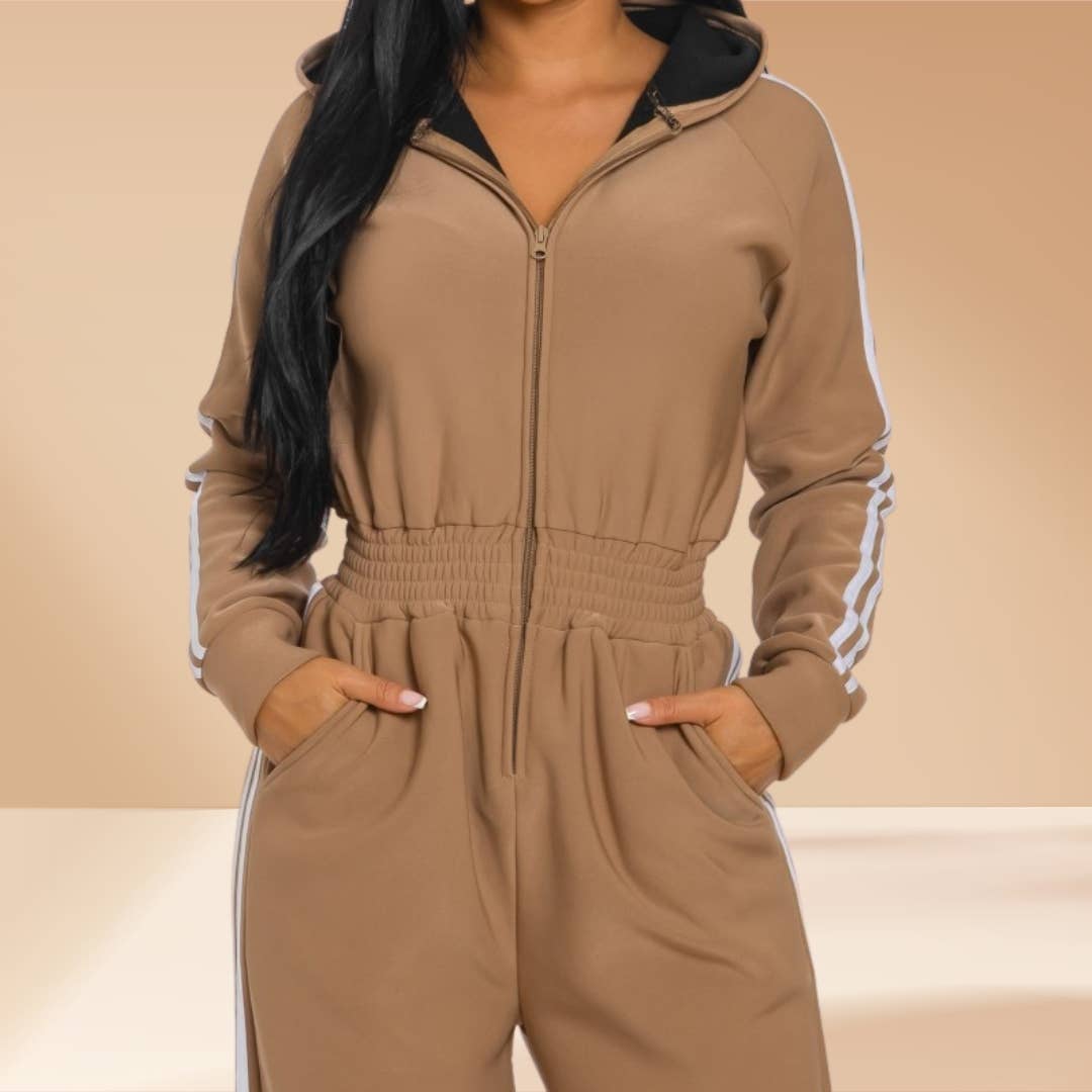 Celystrends - Wholesale Jumpsuit - Women's - Jumpsuit Hooded Lined Fleece Side Stripes 18