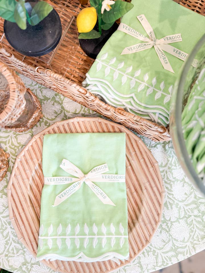 Embroidered Round Placemats / Napkins- Set of 2- Apple Green & White for wholesale by Verdigris Collection