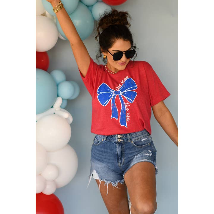 Heather Red RTS God Bless The USA Bow Tee for wholesale on Faire