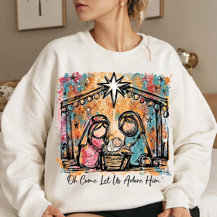 Nativity Scene Shirt, Preppy Jesus Christmas Sweatshirt for wholesale by NVC Ecommerce LLC