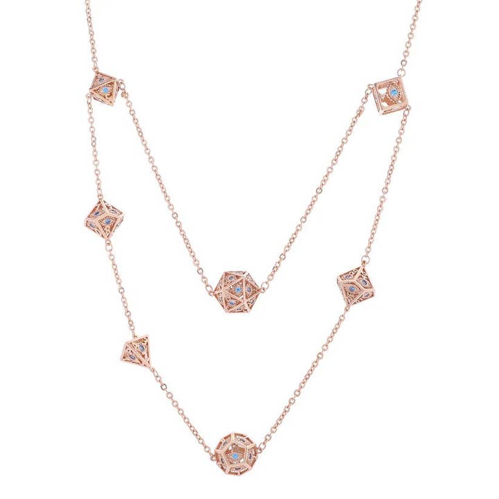 Collier à 7 dés Œil de Dragon HYJ049 - Or rose avec gemmes bleues pour la vente par Hymgho Premium Dice