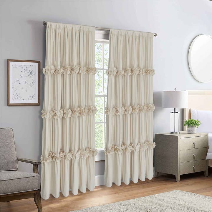 HIG - Wholesale Curtain - Farmhouse Ruffle Window Curtains with Blackout Liner Handmade Bow Ties Drapes 2 Panels Set, 54"W x 84"L10