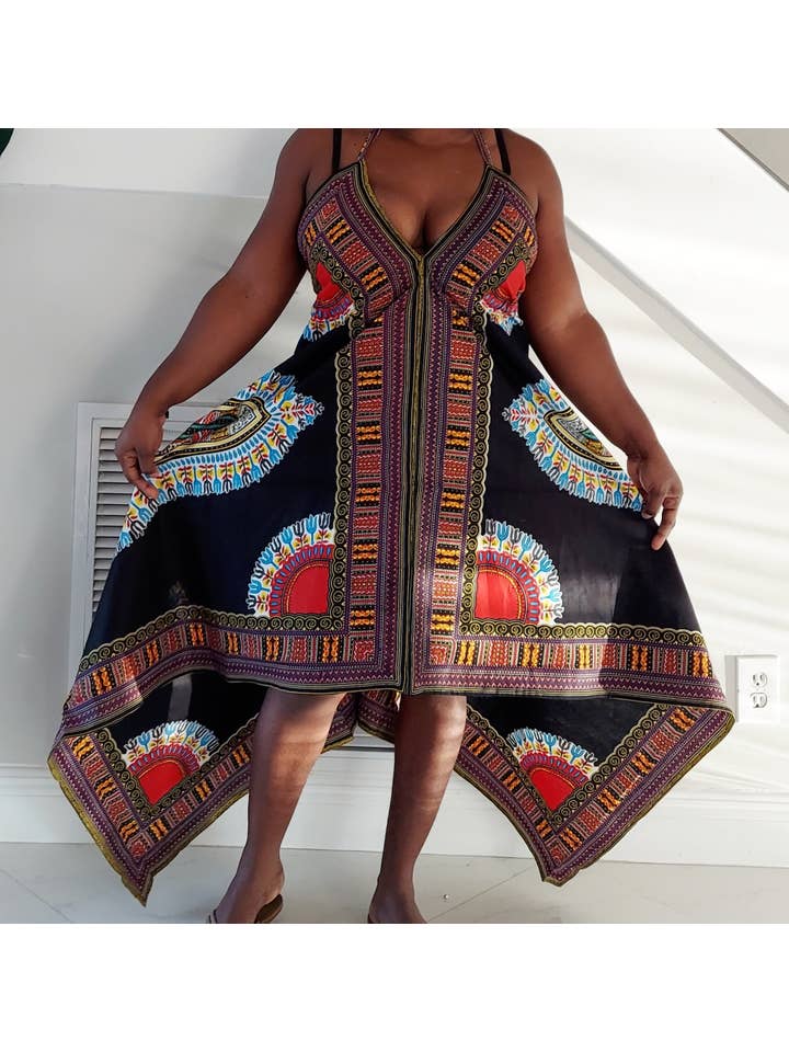 India Batik - Wholesale Dress - Women's - Dashiki Halter Dress/ Handkerchief Hem- k583